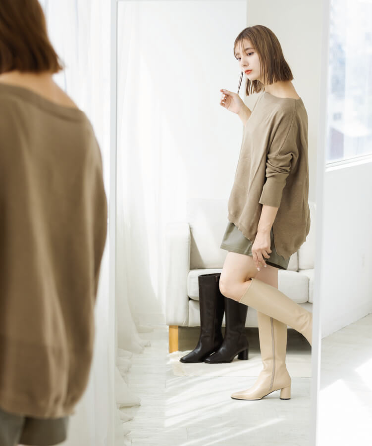 【新作早割★10%OFF】スクエアトゥ美シルエットヒールロングブーツ