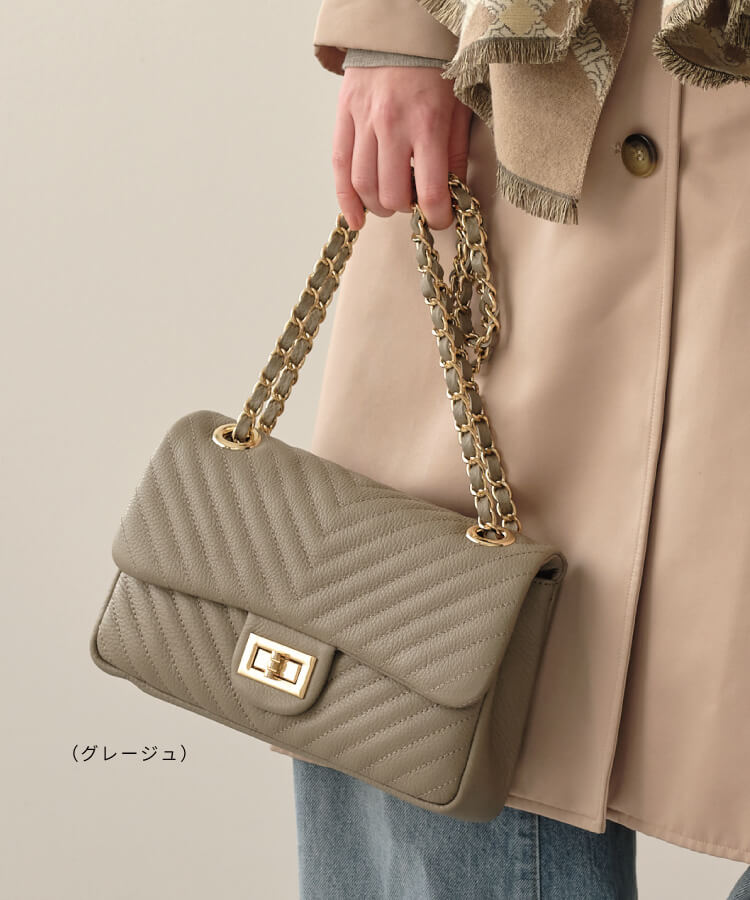 【ORNELLA/オルネラ】(NOVE-19)ラインキルティングチェーンバッグ(ゴールド金具)