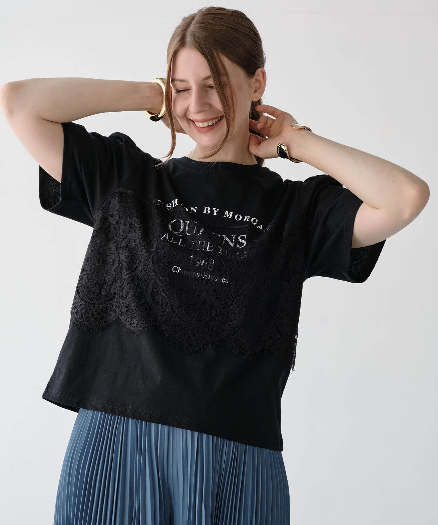 【MIA/ミア】レイヤードレースプリントTシャツ