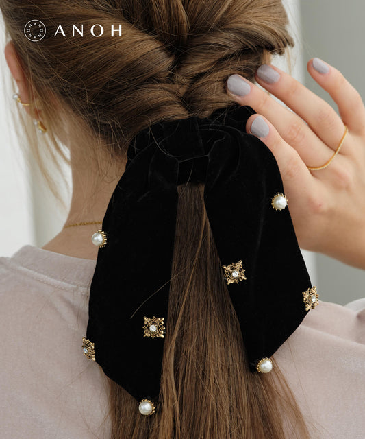 【ANOH】ビジューベロアリボンシュシュ